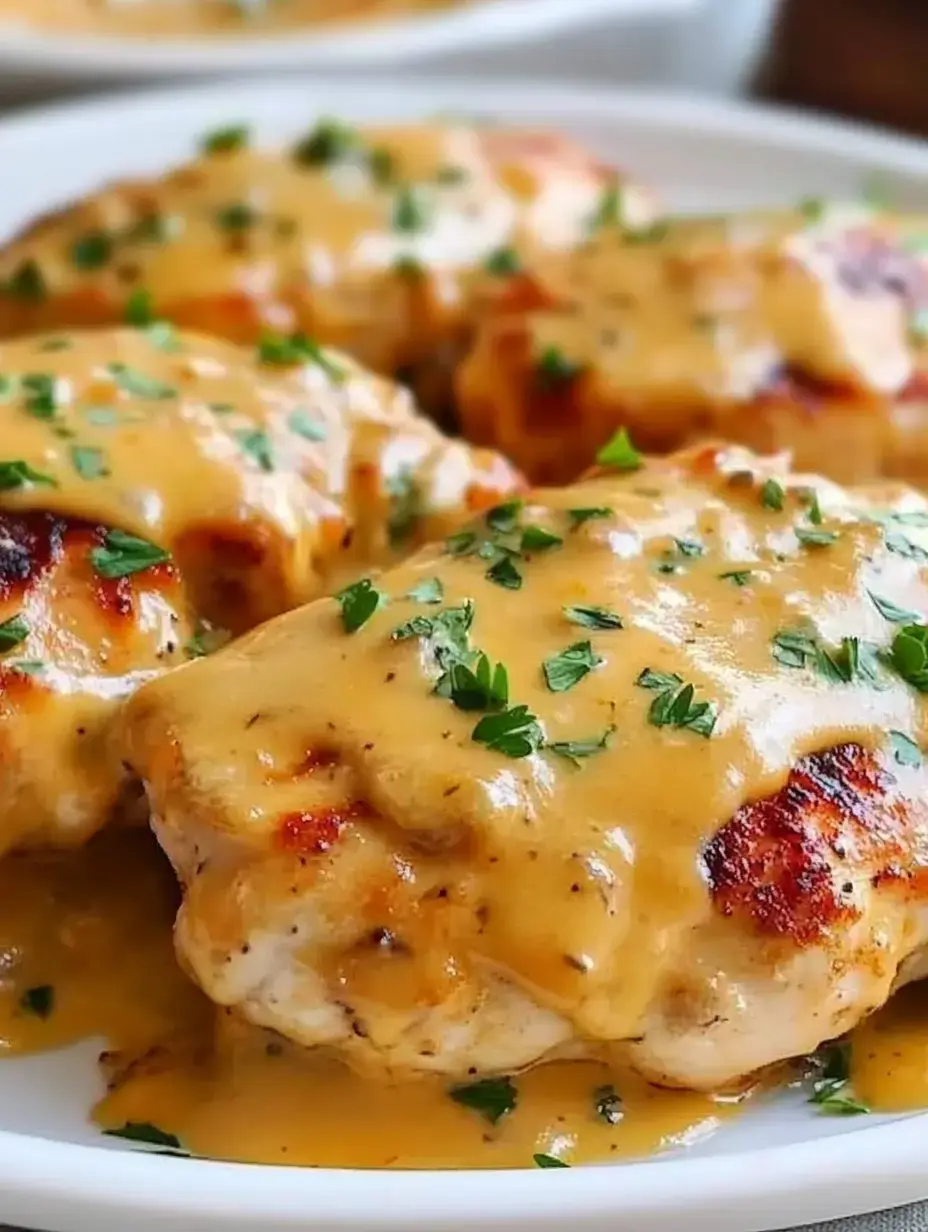 A close-up of grilled chicken breasts topped with a creamy sauce and garnished with chopped herbs on a white plate.