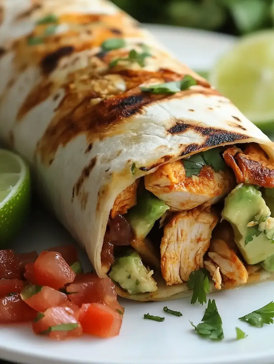 A grilled chicken burrito filled with avocado and garnished with fresh cilantro, served with diced tomatoes and lime wedges.