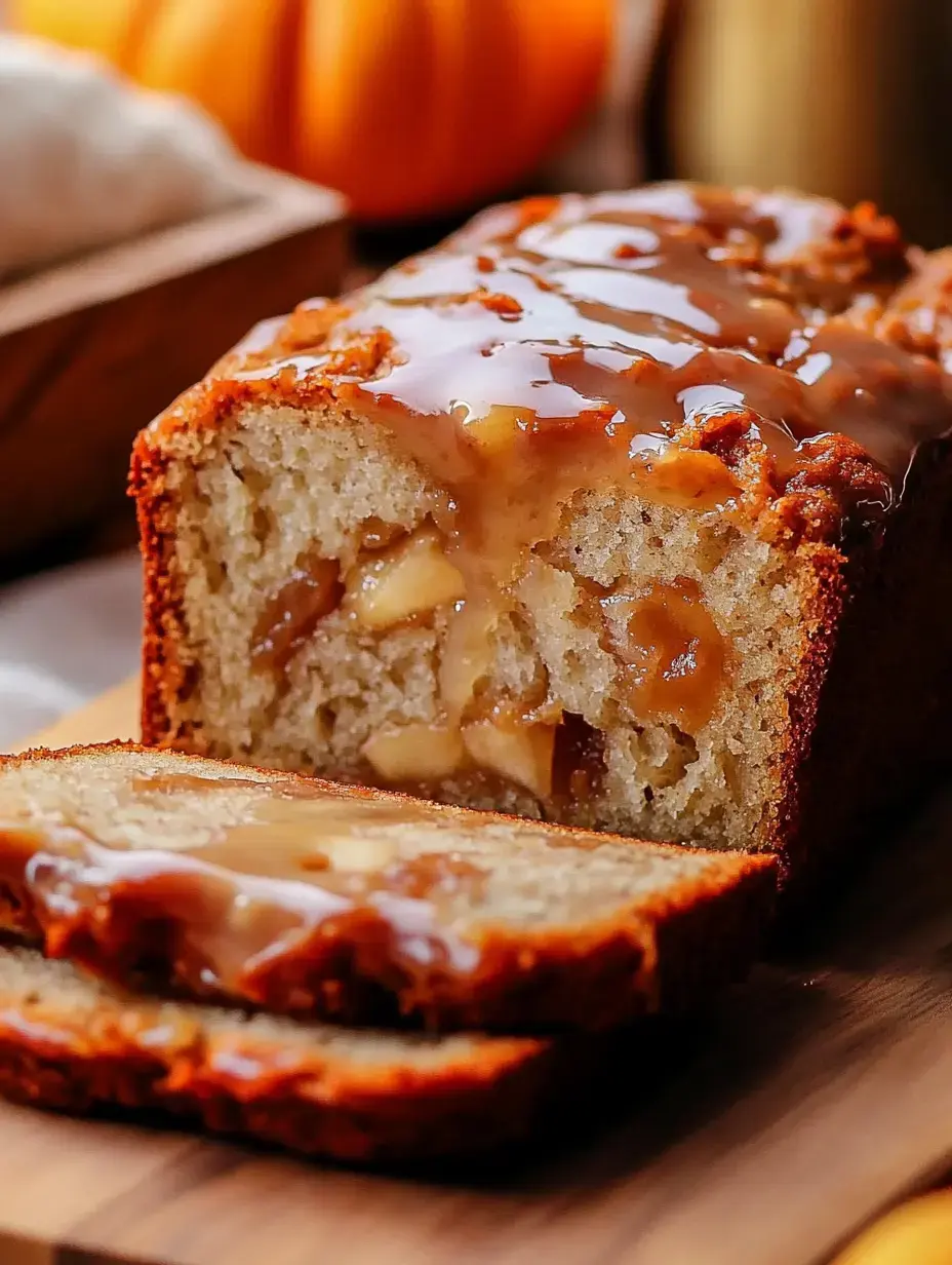 A freshly baked loaf of apple cinnamon bread with a glossy caramel topping, sliced to reveal its moist interior filled with apple pieces.