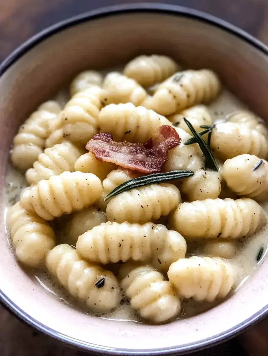 A bowl of creamy gnocchi topped with a piece of bacon and garnished with rosemary.