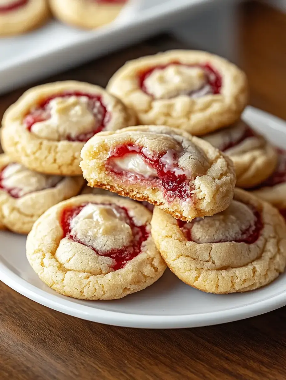 A plate of soft cookies with a cherry filling and creamy center, one cookie is partially bitten to reveal the inside.