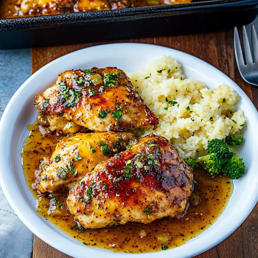 A plate of glazed chicken thighs served with couscous and broccoli.