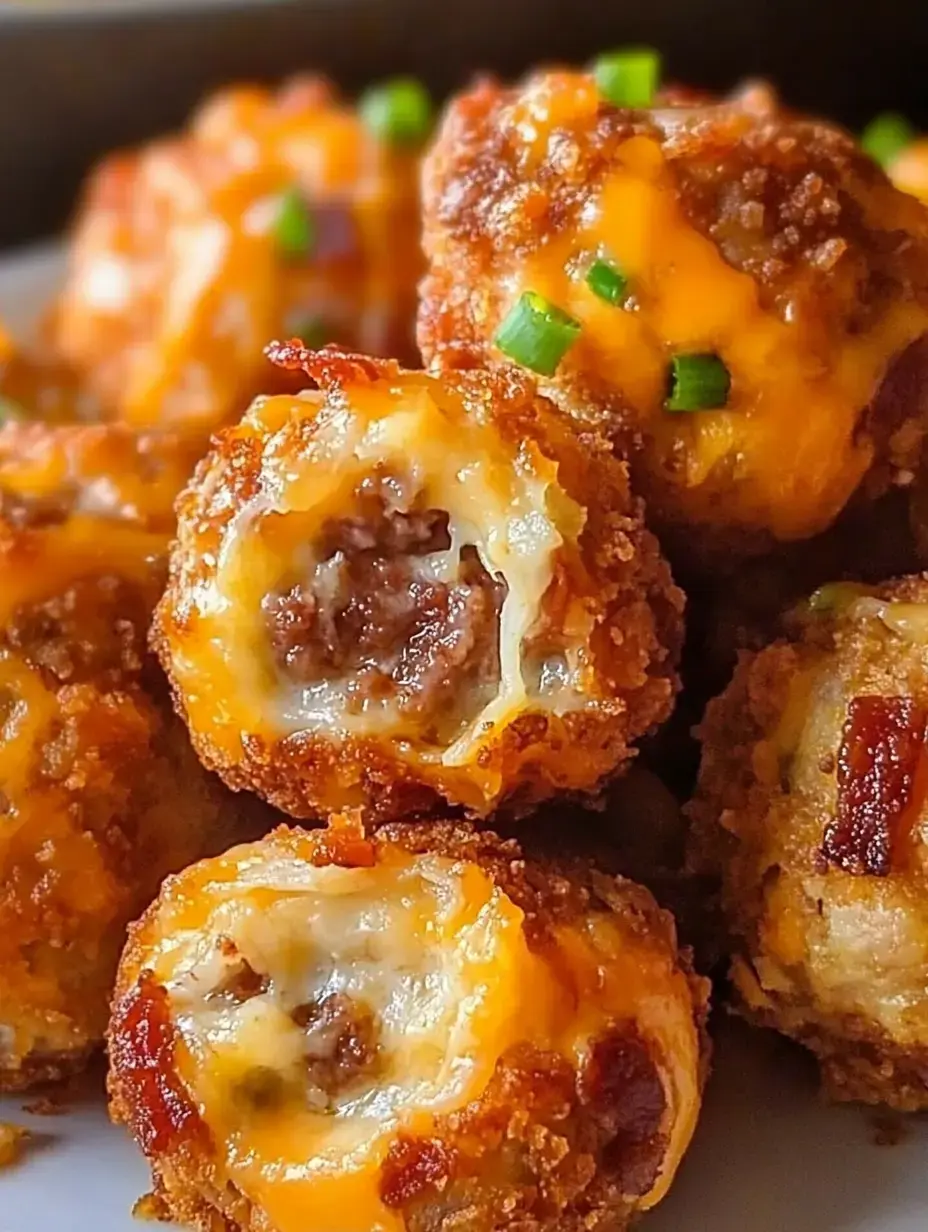 A close-up image of golden-brown, crispy meatballs filled with melted cheese and topped with green onions.