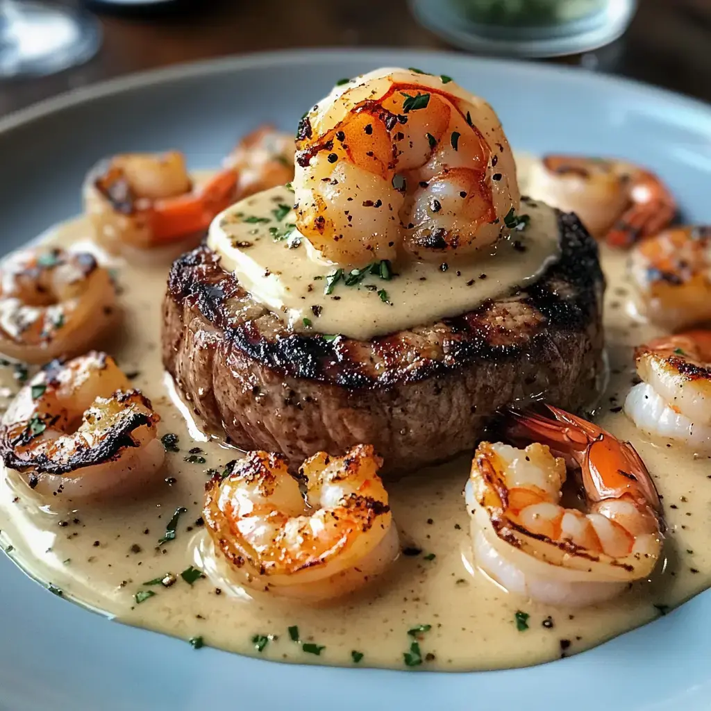 A grilled steak topped with a shrimp and cream sauce, surrounded by additional sautéed shrimp on a plate.