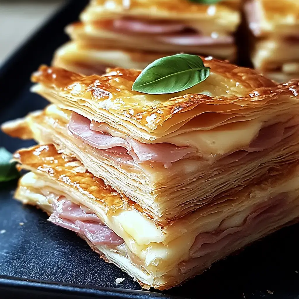 A close-up image of stacked layers of flaky pastry filled with ham and cheese, garnished with a small basil leaf on top.