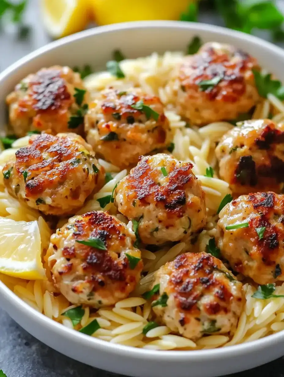 A bowl of orzo pasta topped with golden-brown meatballs garnished with parsley and a wedge of lemon.