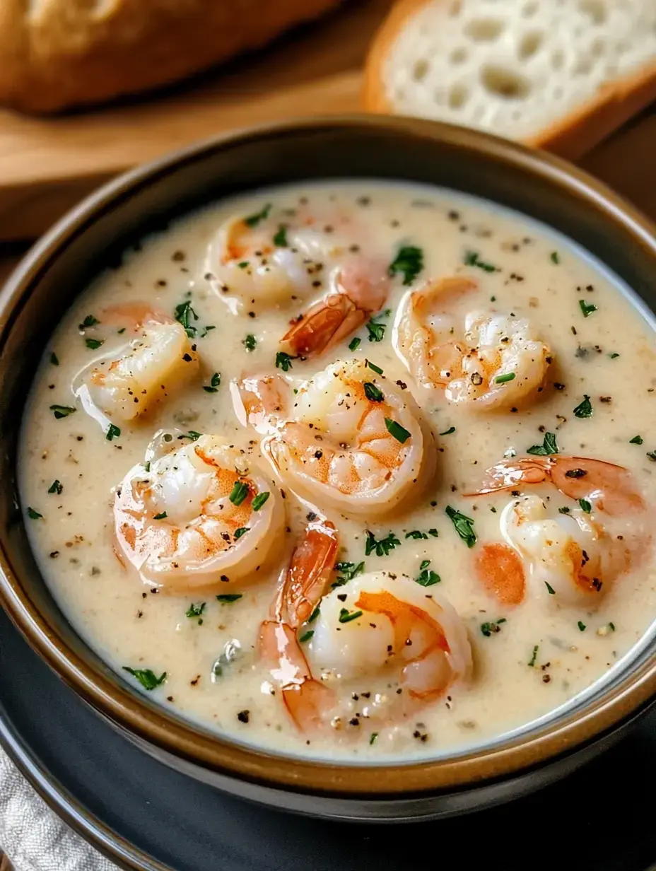 A bowl of creamy shrimp soup garnished with herbs, accompanied by slices of bread in the background.