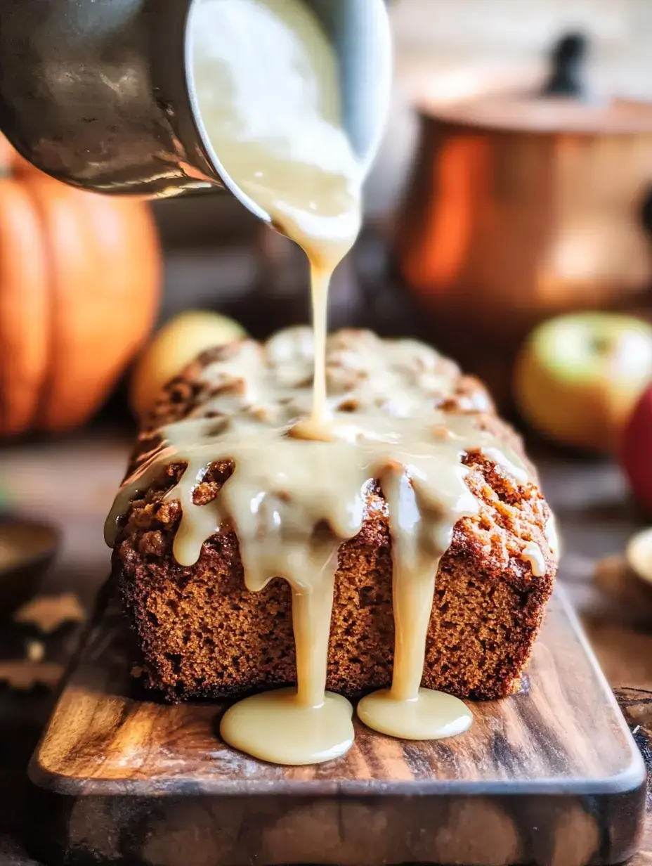 A loaf cake topped with a rich glaze is displayed on a wooden board, with autumn-themed decorations in the background.