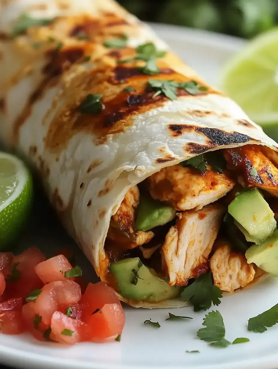 A grilled chicken burrito is wrapped in a tortilla, garnished with cilantro, and served with lime wedges and diced tomatoes on the side.