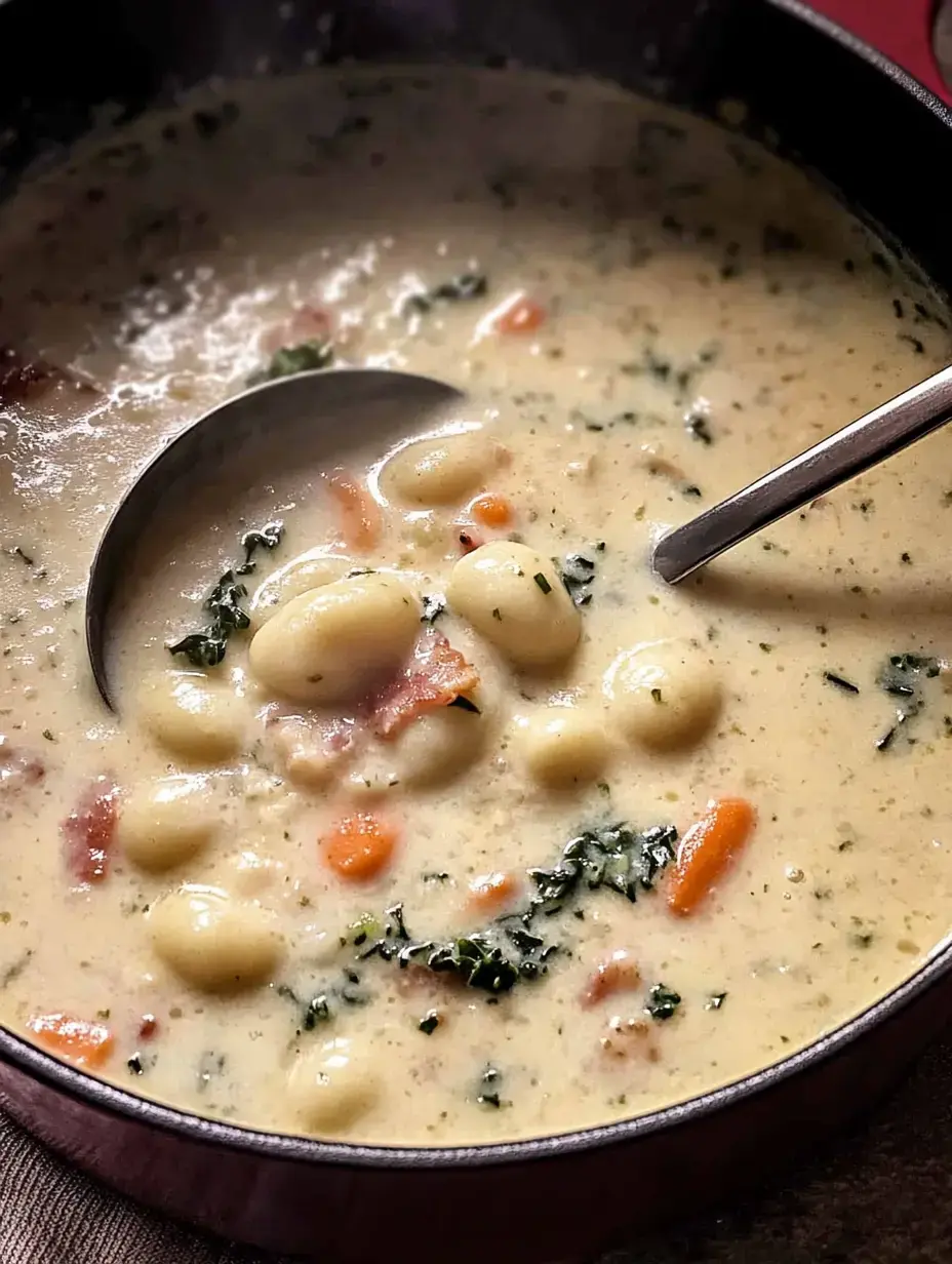 A close-up of a creamy soup in a pot, featuring gnocchi, carrots, and greens, with a ladle resting inside.