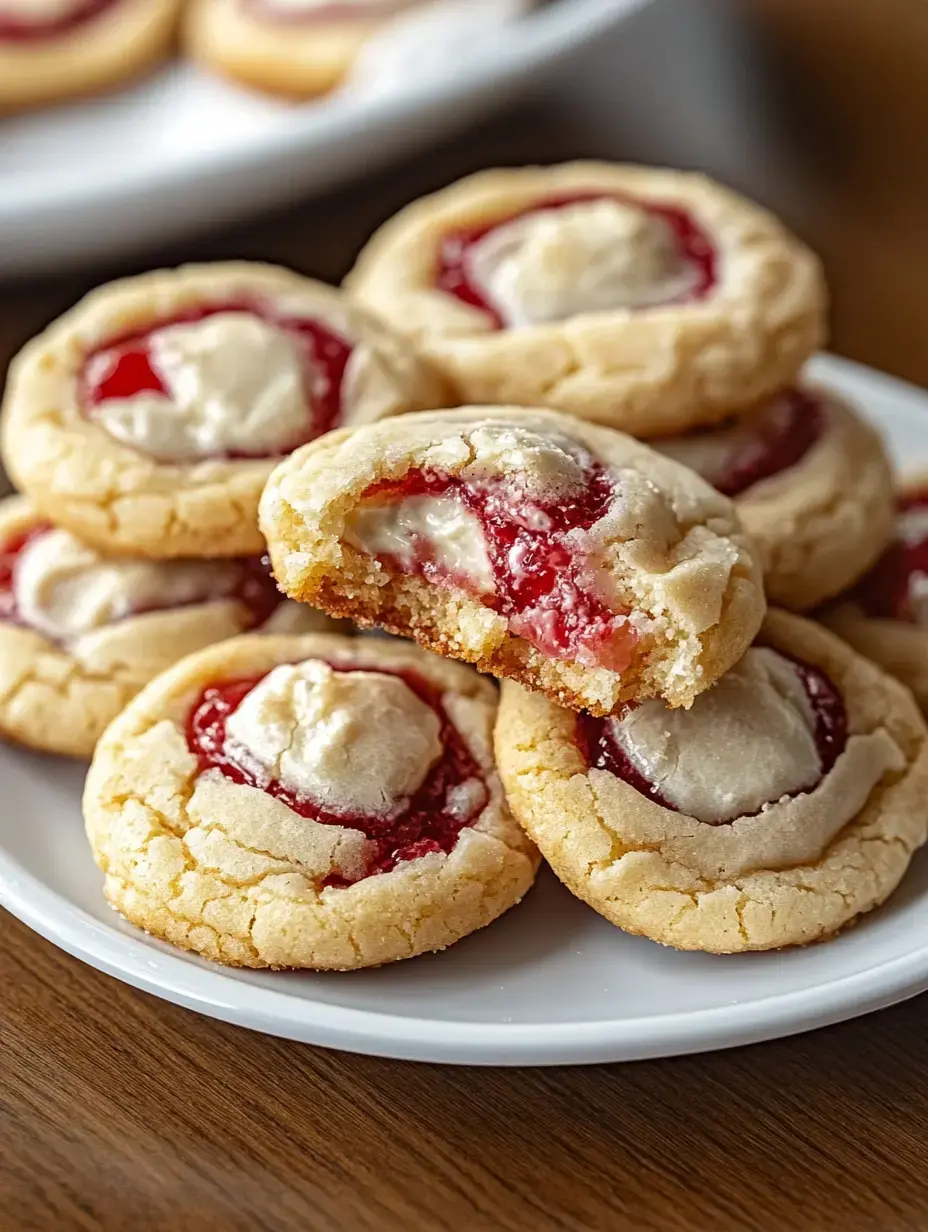 A plate of freshly baked cookies with a gooey center filled with red fruit jam, one cookie partially bitten to reveal its interior.