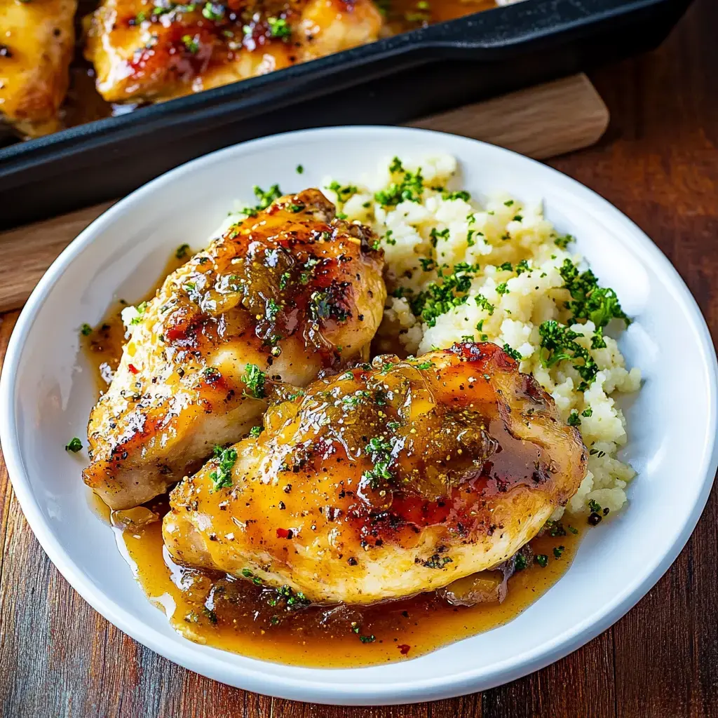 A plated dish featuring two pieces of glazed chicken served with mashed potatoes and garnished with chopped herbs.