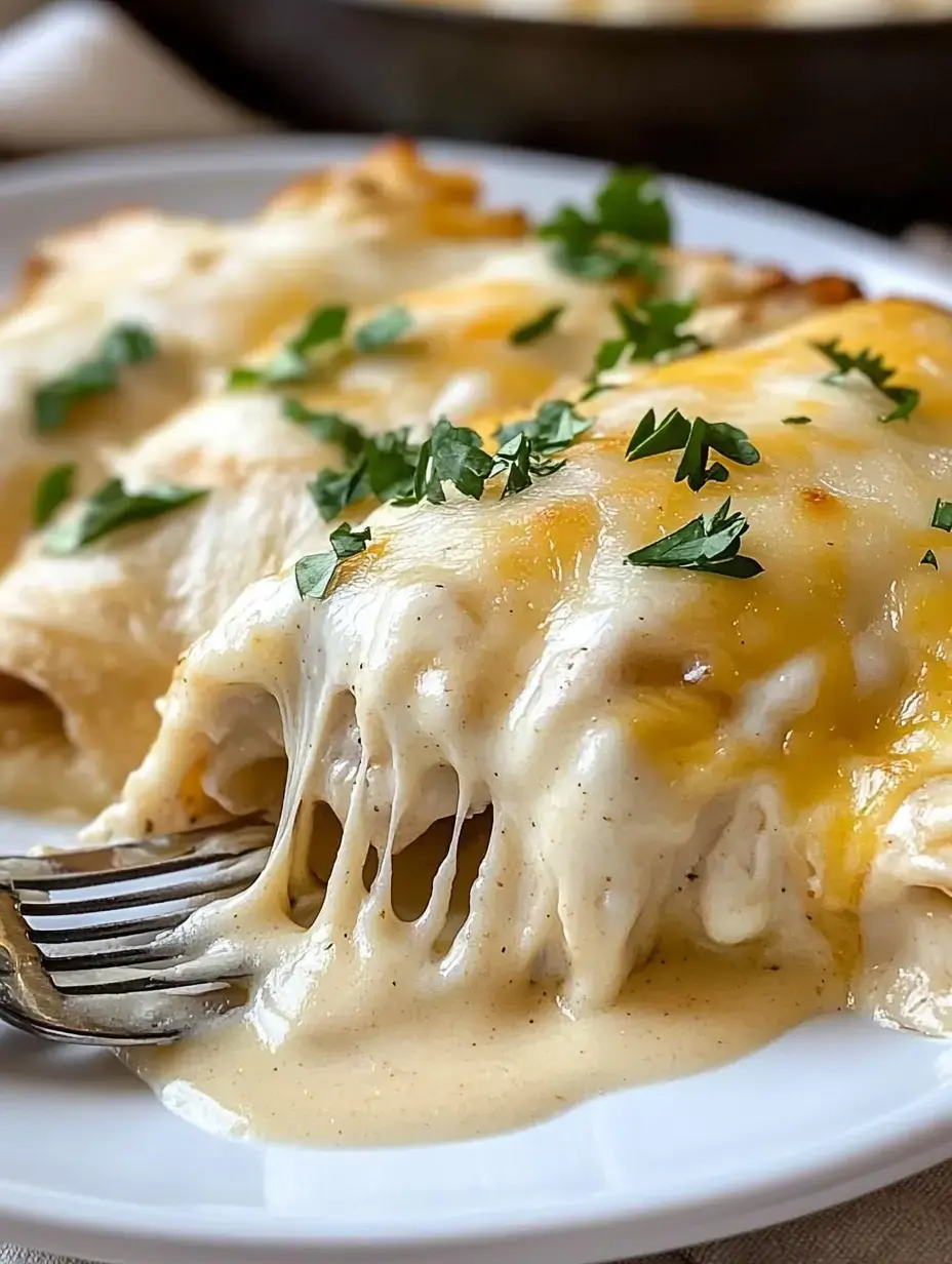 A close-up of cheesy, creamy enchiladas topped with fresh parsley on a white plate.