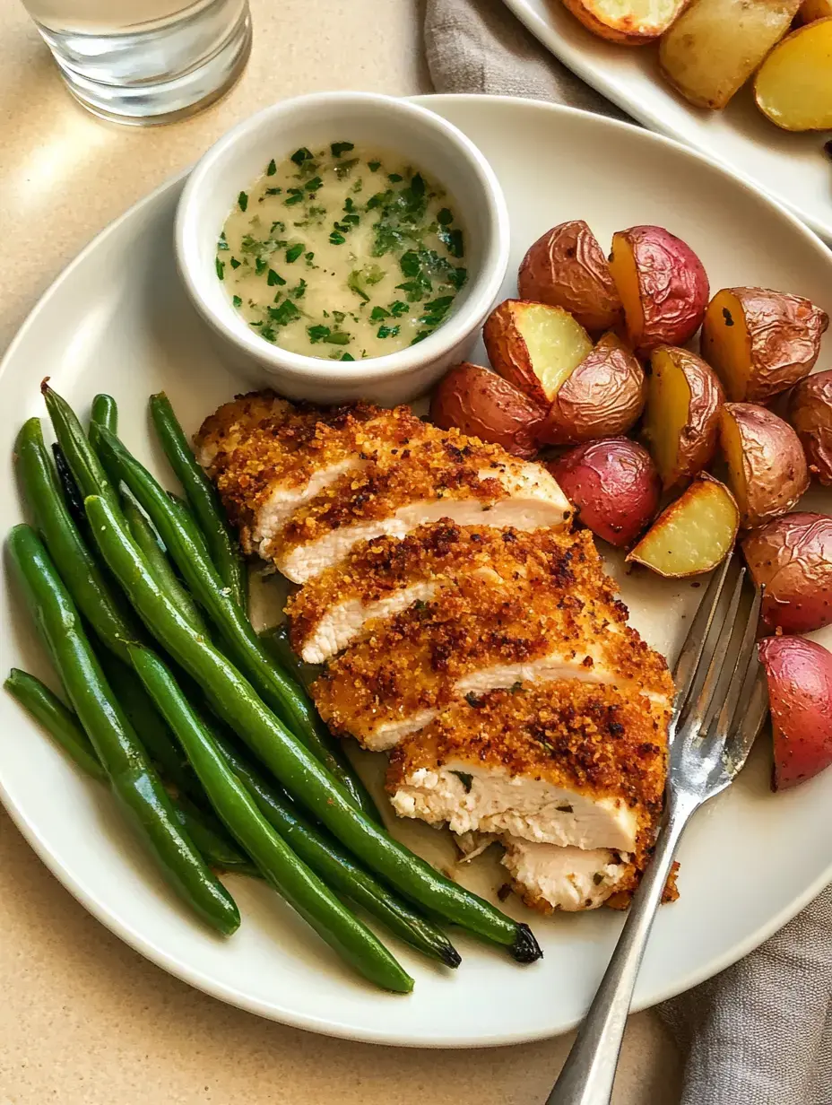 A plate of sliced, breaded chicken breast accompanied by green beans, roasted red potatoes, and a small bowl of creamy sauce with herbs.