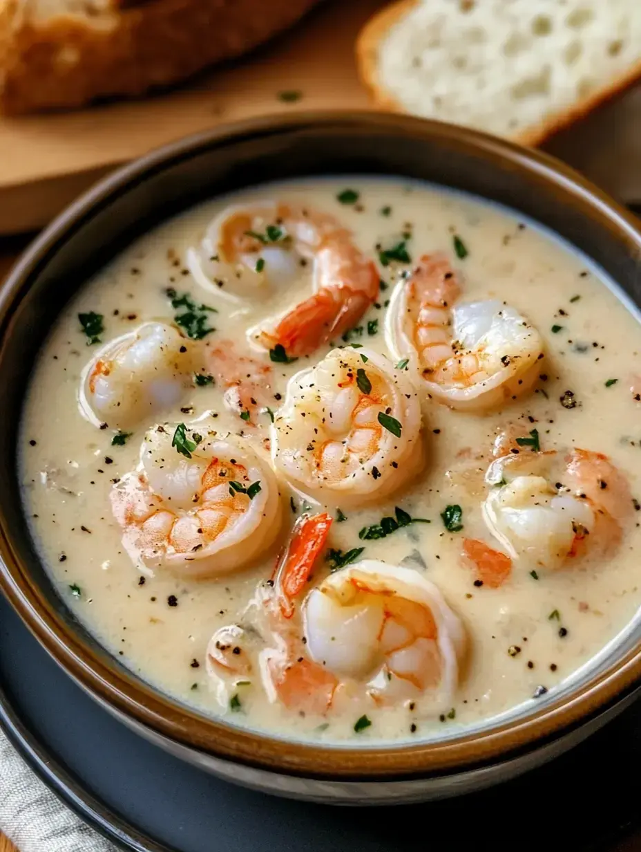 A bowl of creamy shrimp soup garnished with herbs, accompanied by slices of bread in the background.