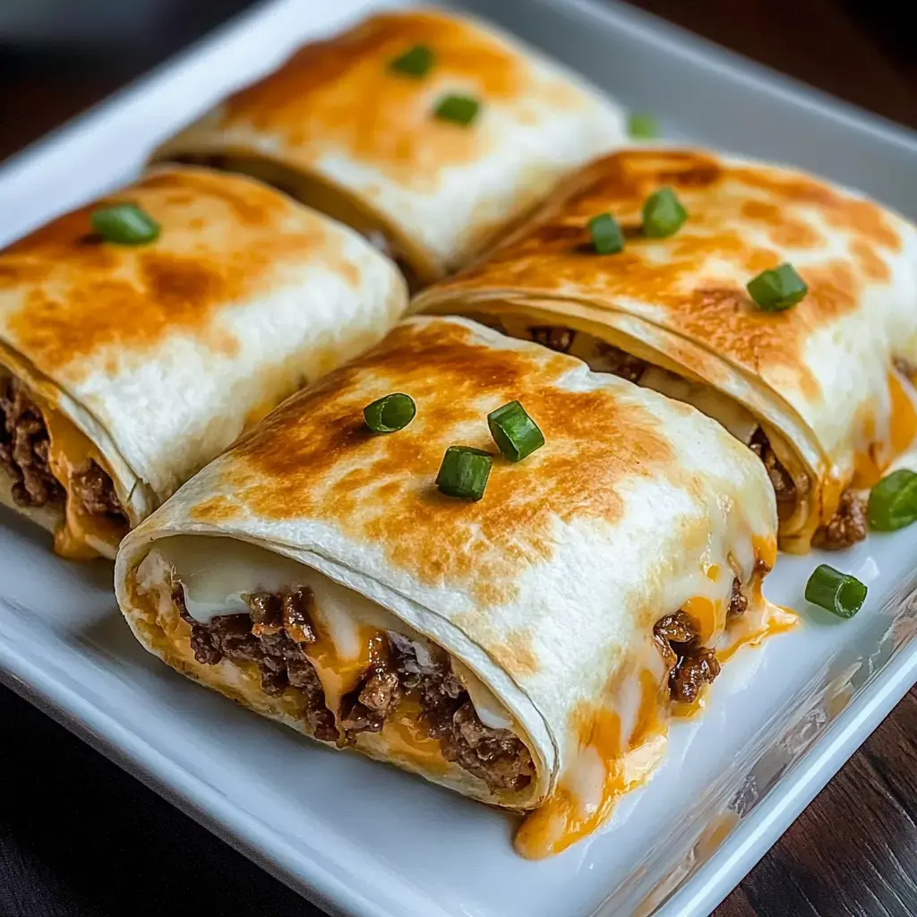 A plate of four golden-brown, stuffed tortillas filled with ground beef and melted cheese, garnished with chopped green onions.