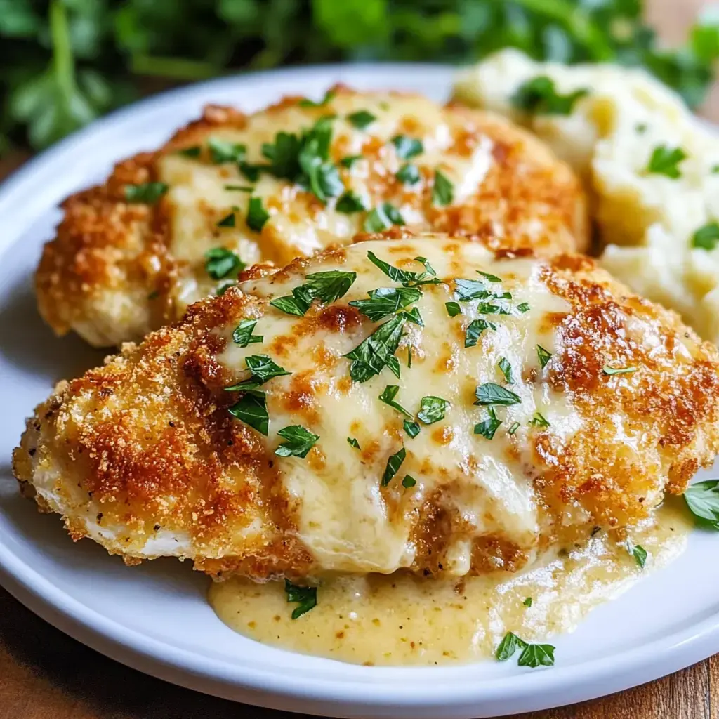 A plate of breaded chicken topped with melted cheese and fresh parsley, accompanied by a side of mashed potatoes.