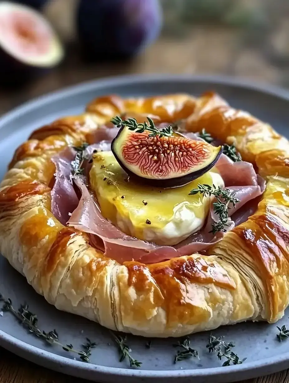 A golden, flaky pastry tart filled with ham, cheese, fresh thyme, and topped with a slice of fig, served on a plate with a halved fig in the background.