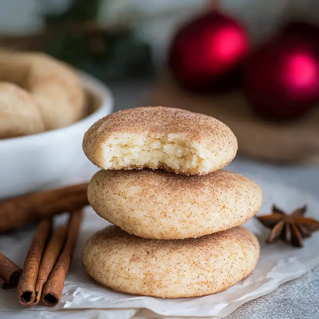 A stack of snickerdoodle cookies with one cookie partially bitten, surrounded by cinnamon sticks and red ornaments in the background.