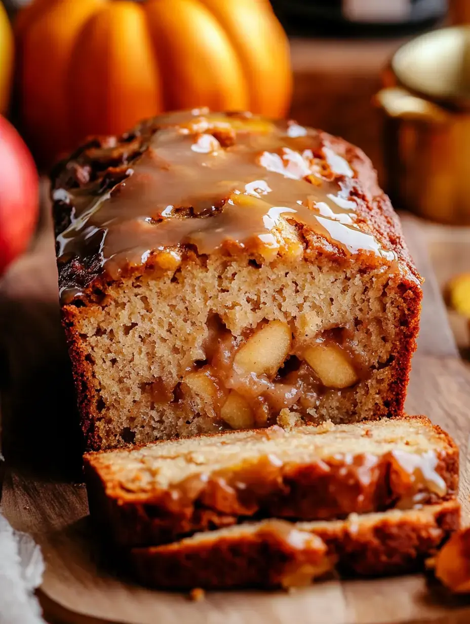 A sliced loaf cake with a glaze, revealing pieces of apple inside, sits on a wooden surface alongside pumpkins and apples.