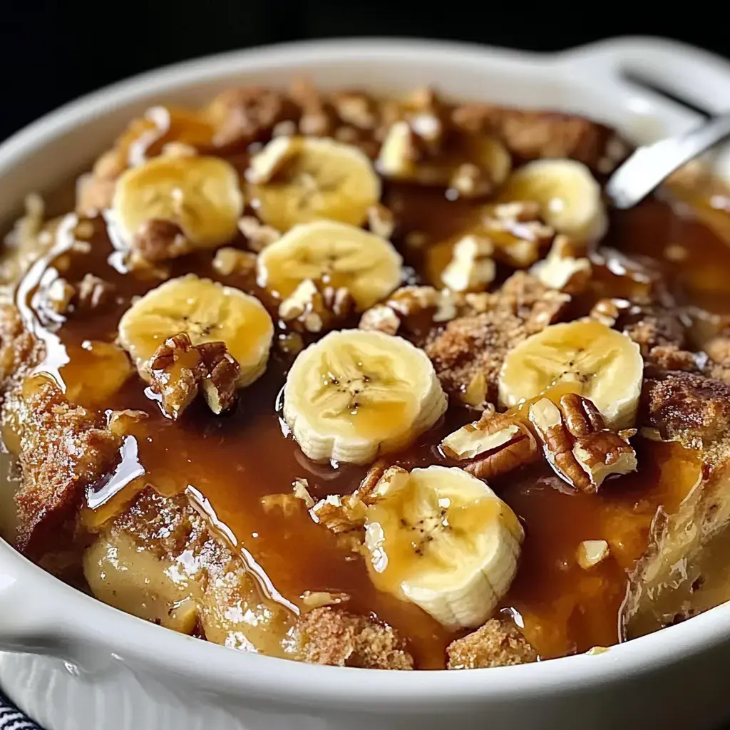 A close-up of a warm dessert featuring slices of banana and chopped pecans drizzled with caramel sauce over bread pudding.