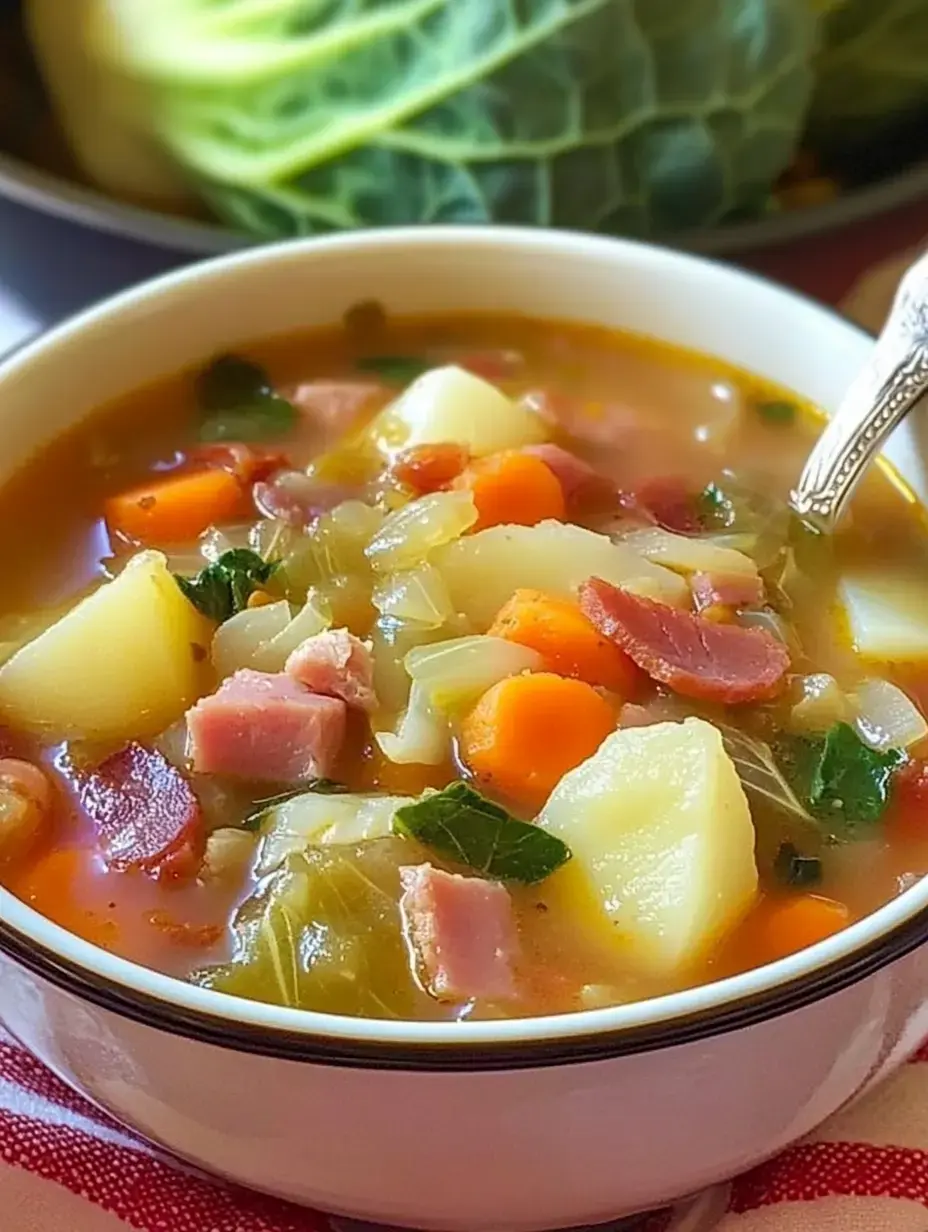 A bowl of hearty vegetable and ham soup filled with potatoes, carrots, and greens, garnished with fresh herbs.