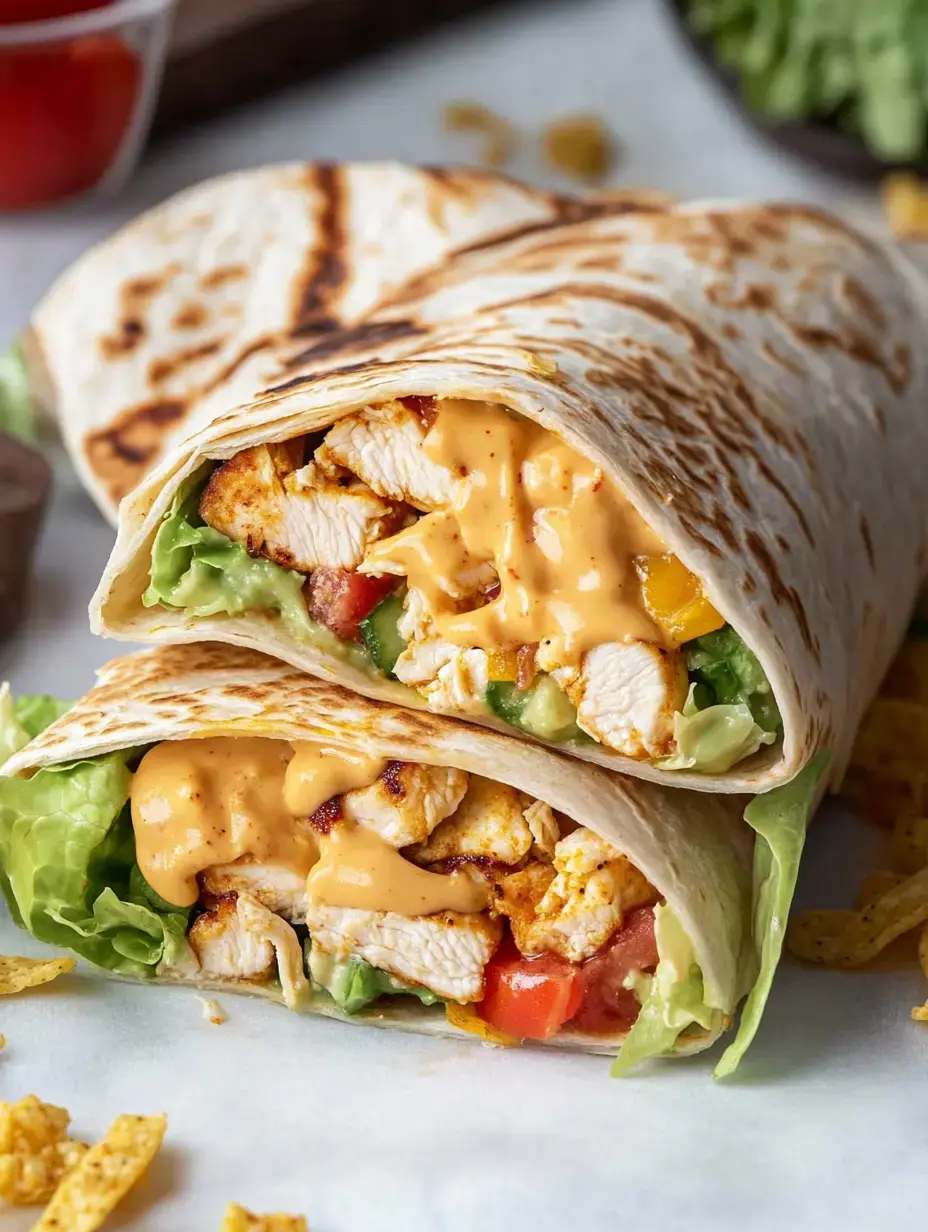 A close-up of two grilled chicken wraps filled with lettuce, tomato, and a creamy sauce, resting on a white surface.