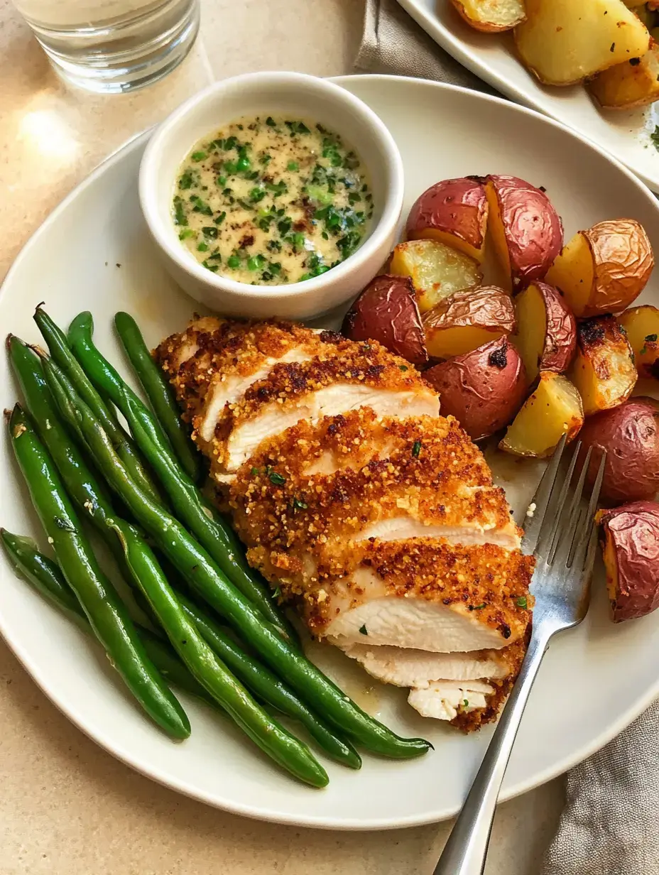 A plate featuring sliced, breaded chicken breast, green beans, roasted red and yellow potatoes, and a small bowl of sauce.