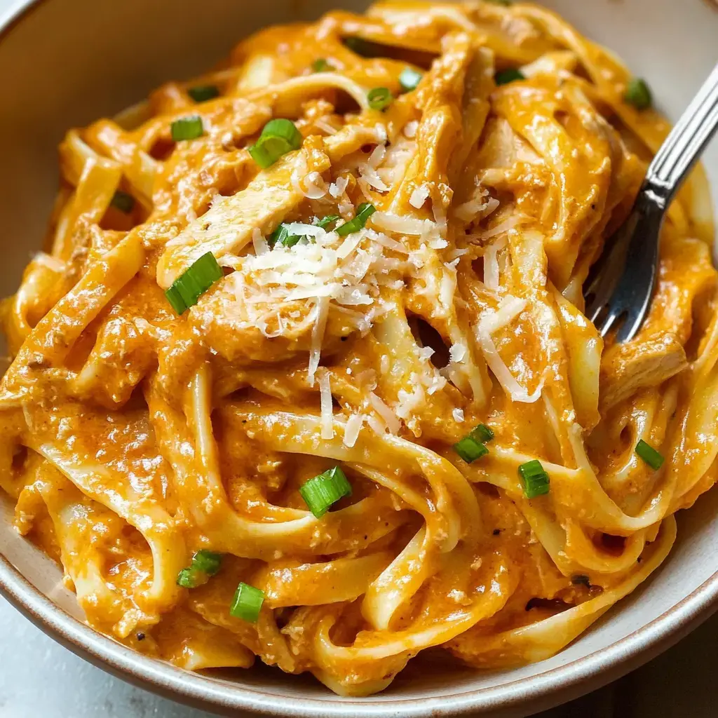 A close-up view of creamy fettuccine pasta topped with grated cheese and chopped green onions in a bowl.