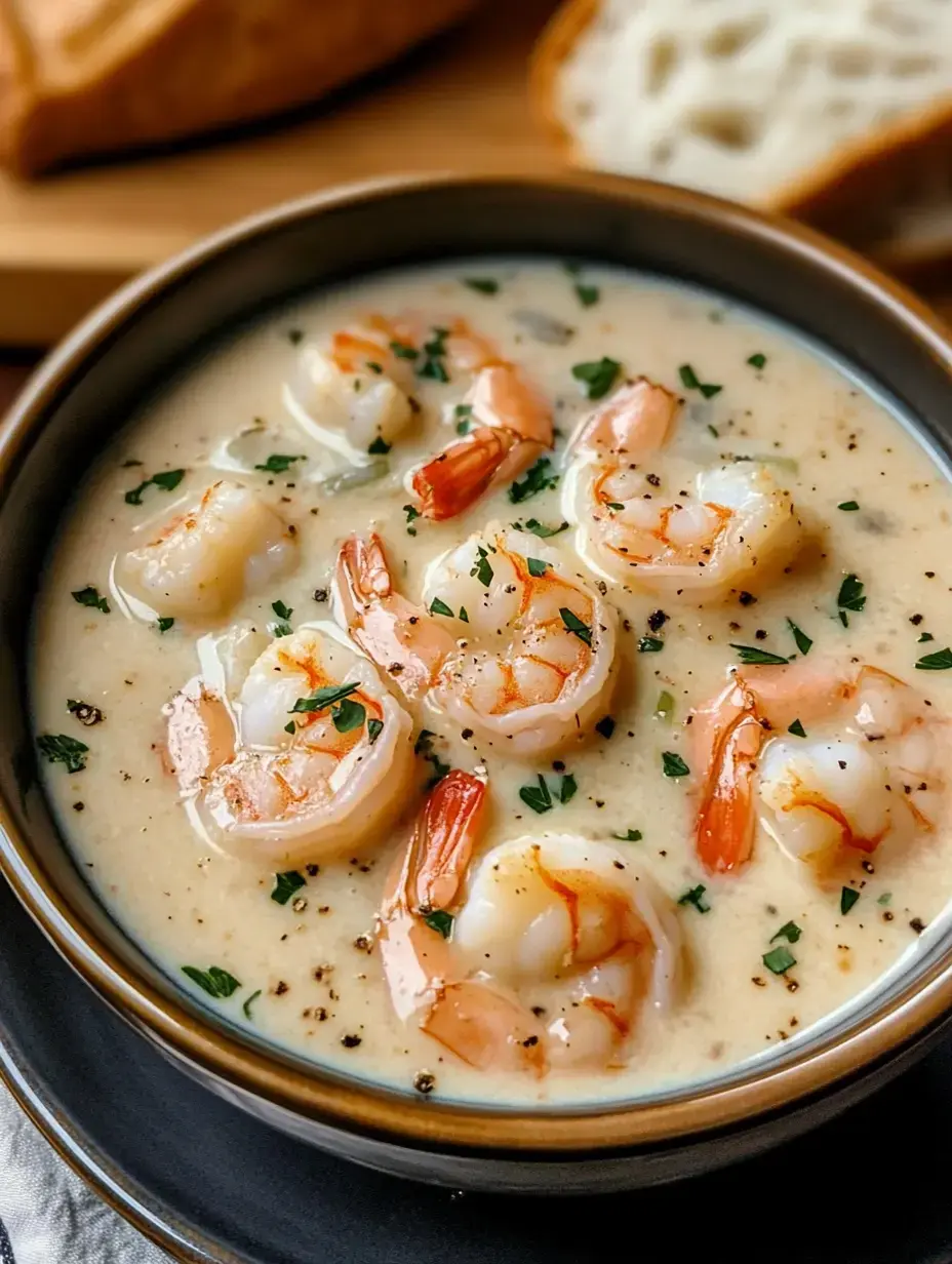 A bowl of creamy shrimp soup garnished with parsley, served with a slice of bread in the background.