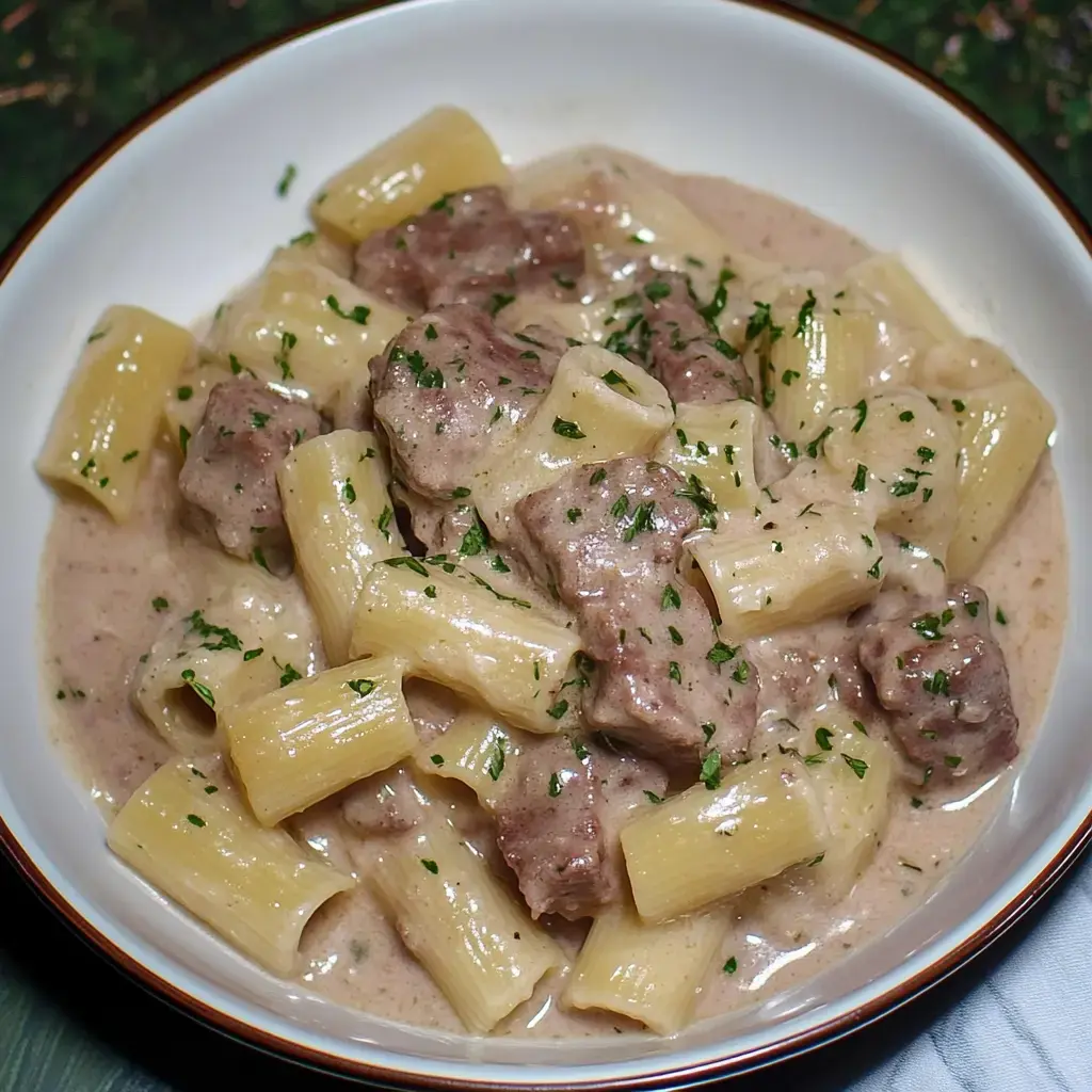 A bowl of rigatoni pasta mixed with chunks of meat in a creamy sauce, garnished with chopped parsley.