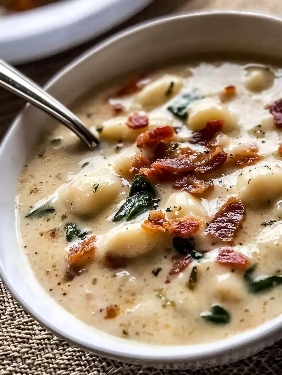 A close-up view of a creamy soup with gnocchi, spinach, and crispy bacon bits served in a white bowl.