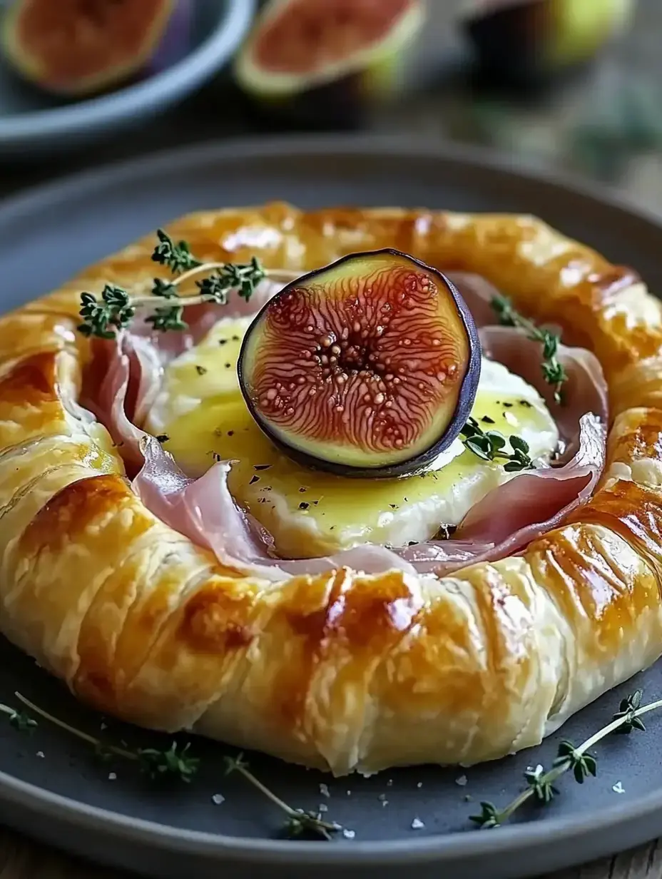 A flaky pastry tart filled with cheese and ham, topped with a fresh fig and garnished with thyme.