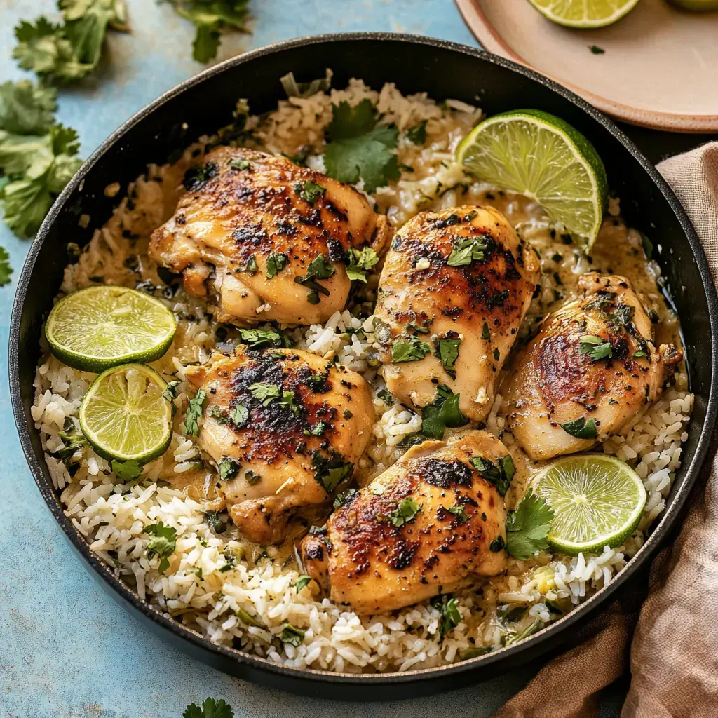 A skillet filled with seasoned chicken thighs on a bed of rice, garnished with fresh cilantro and lime slices.