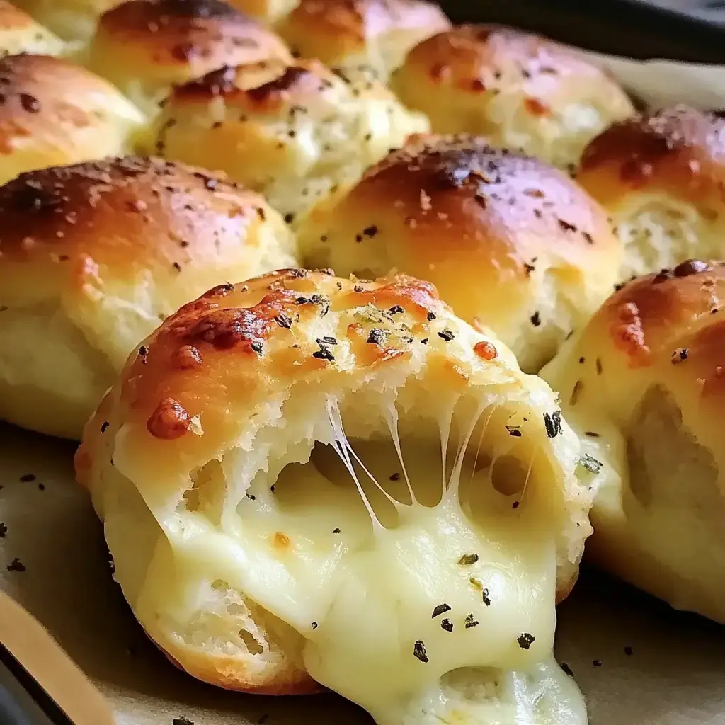 A close-up of freshly baked cheese-filled rolls, showcasing their golden brown tops and gooey, melted cheese stretching from a bite.