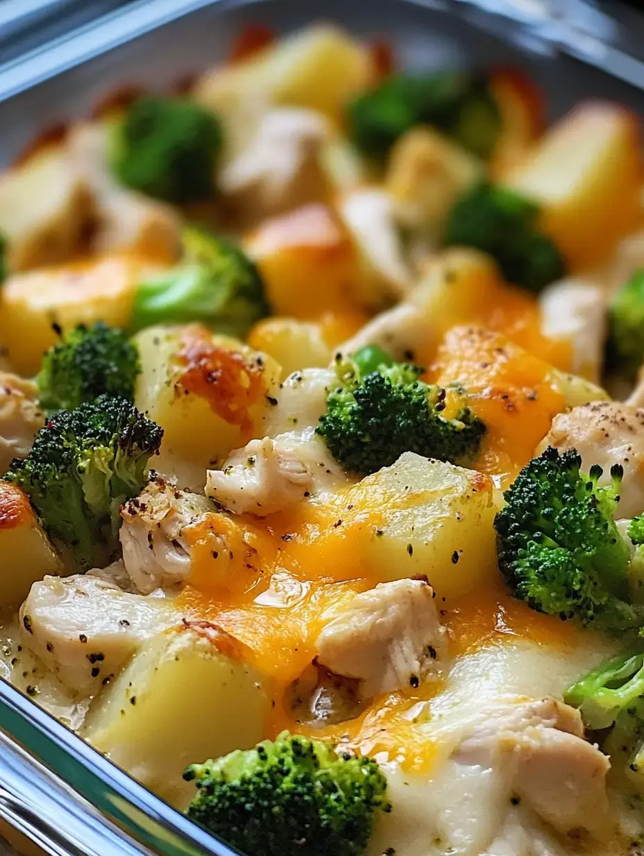 A close-up of a baked dish featuring chunks of chicken, potatoes, broccoli, and melted cheddar cheese.