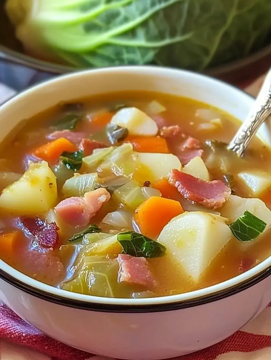 A bowl of hearty vegetable and ham soup filled with potatoes, carrots, and leafy greens, with a cabbage in the background.