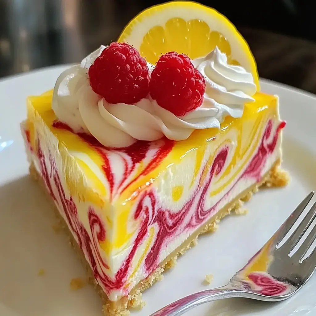 A slice of lemon raspberry cheesecake with swirls of red and yellow, topped with whipped cream, fresh raspberries, and a lemon slice, served on a white plate.