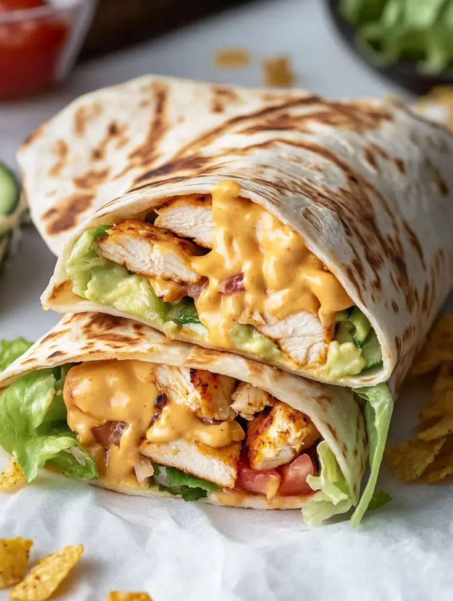 A close-up of a grilled chicken wrap filled with lettuce, tomato, guacamole, and a creamy sauce, served with tortilla chips.