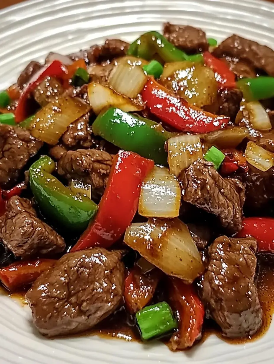 A colorful stir-fry featuring tender beef, red and green bell peppers, and chopped onions in a savory sauce.