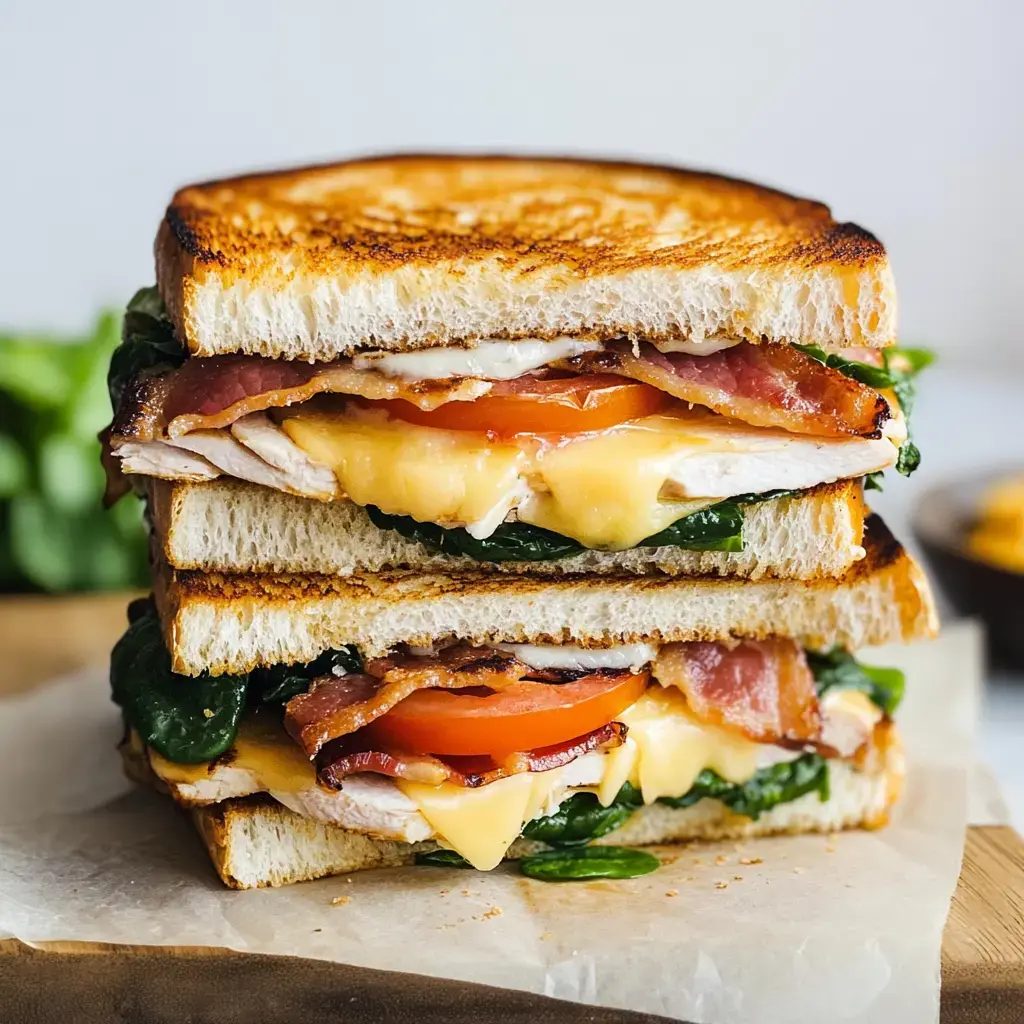 A towering sandwich made with toasted bread, layered with bacon, chicken, cheese, spinach, and tomato.