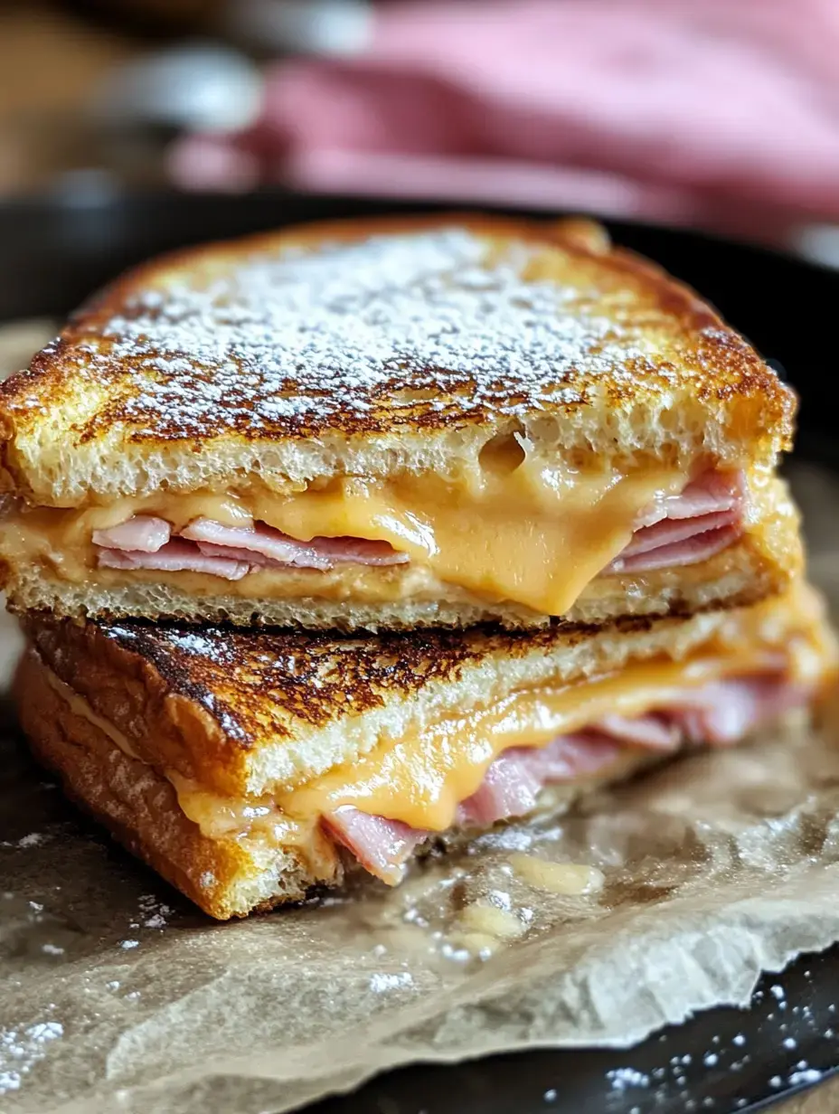 A toasted sandwich containing melted cheese and sliced ham, dusted with powdered sugar, served on parchment paper.