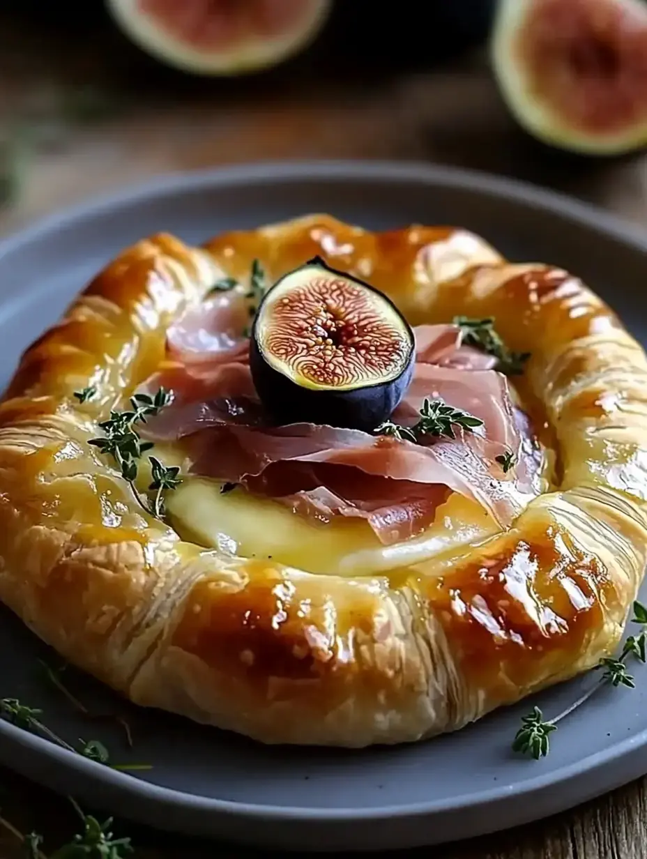 A golden-brown pastry topped with prosciutto, creamy cheese, and a fresh fig slice, garnished with thyme, sits on a gray plate.