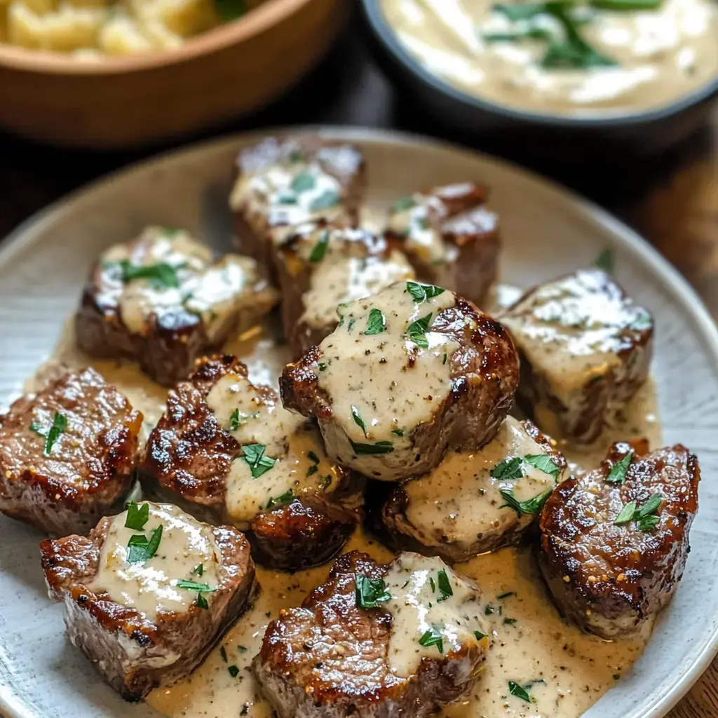 A plate of tender beef medallions topped with creamy sauce and garnished with parsley.