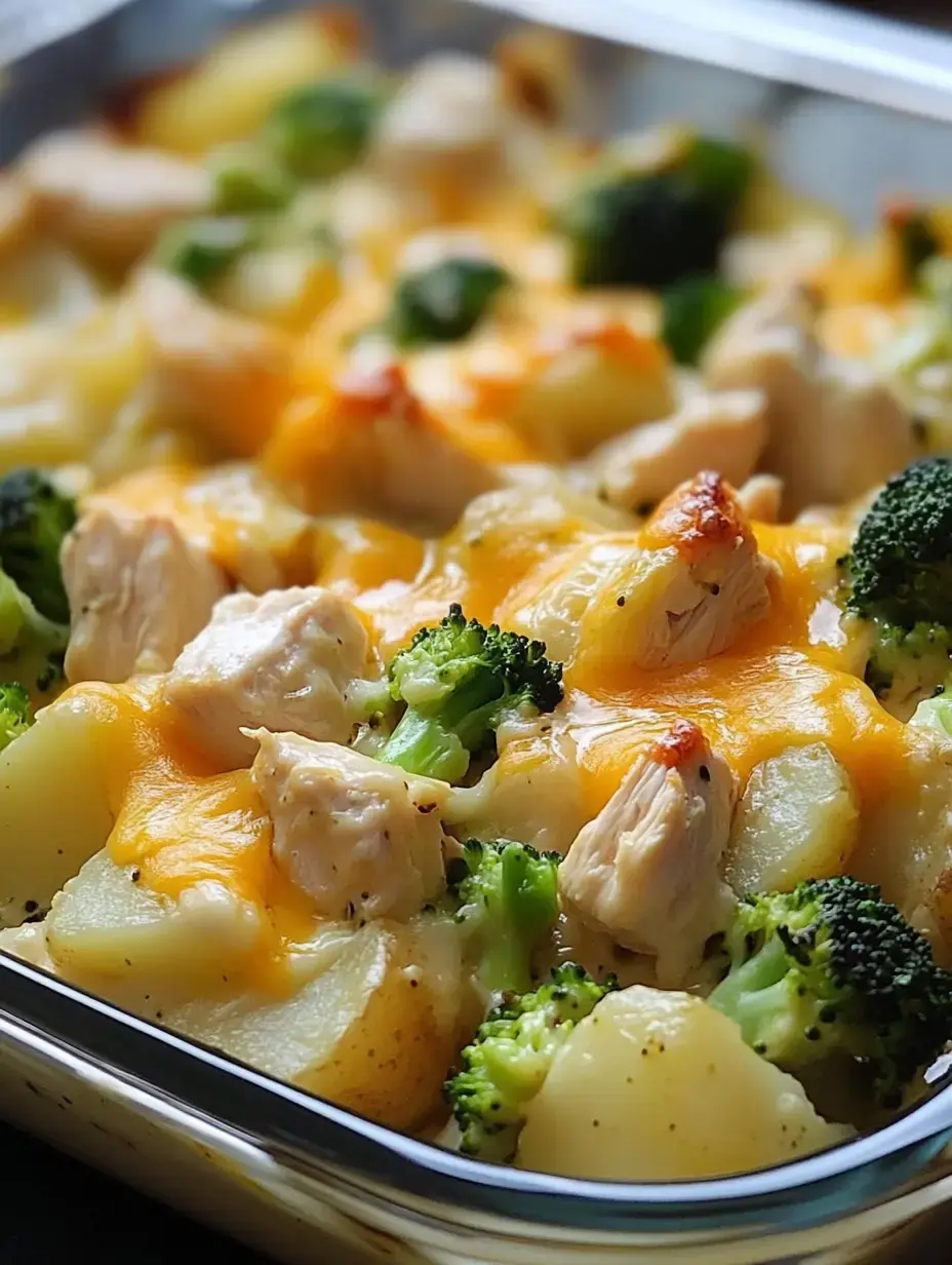 A close-up view of a baked dish featuring chicken, broccoli, and potatoes topped with melted cheddar cheese.