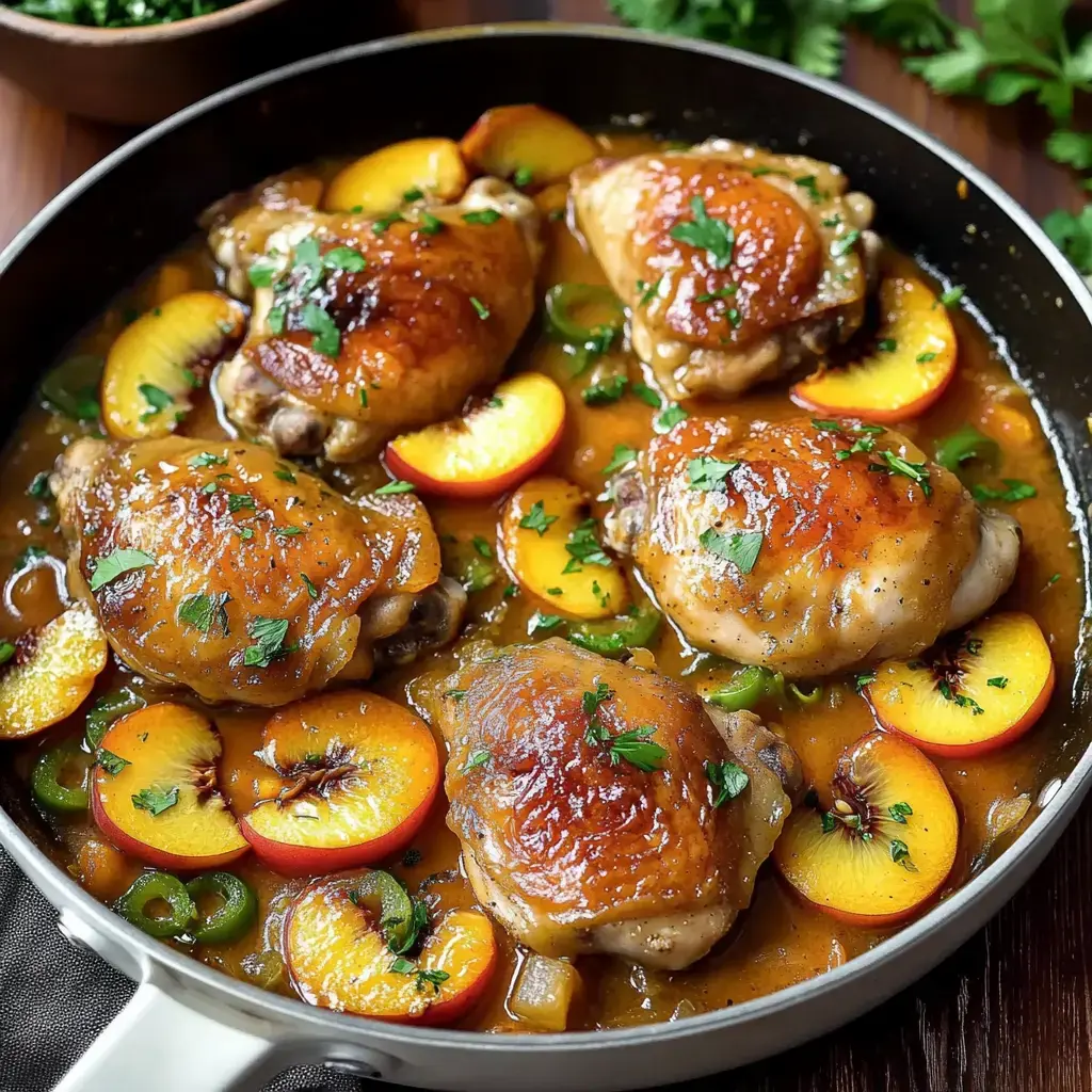 A skillet filled with succulent chicken thighs simmering in a savory sauce, garnished with fresh herbs and surrounded by sliced peaches and jalapeños.