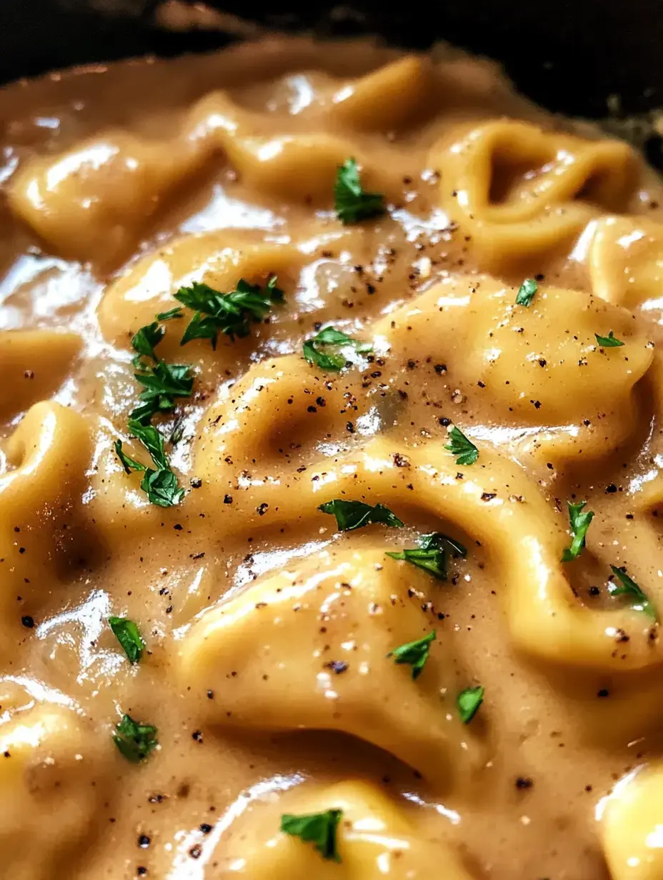 A close-up of pasta in a creamy sauce, garnished with fresh parsley and black pepper.