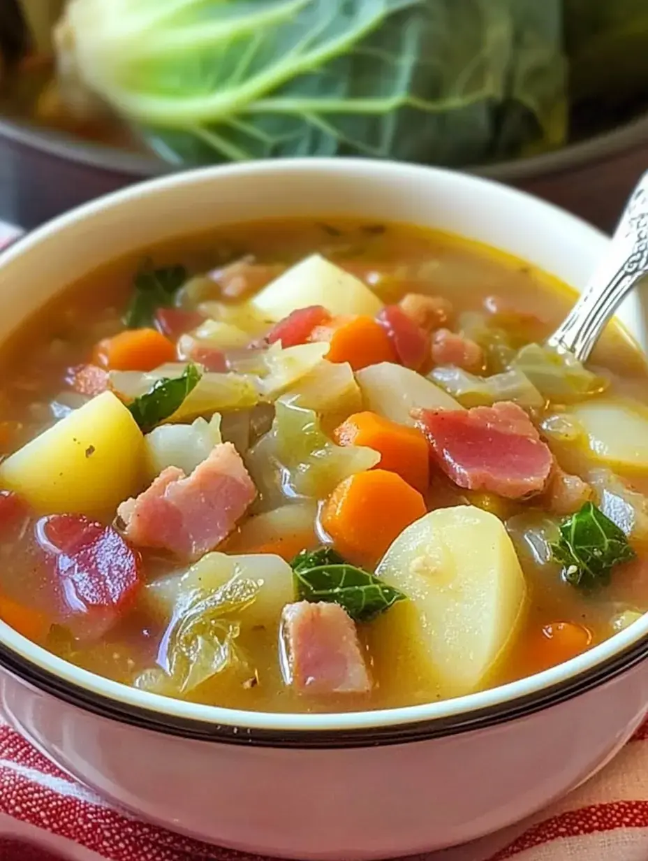 A bowl of hearty vegetable and ham soup containing potatoes, carrots, tomatoes, and leafy greens sits on a patterned tablecloth.