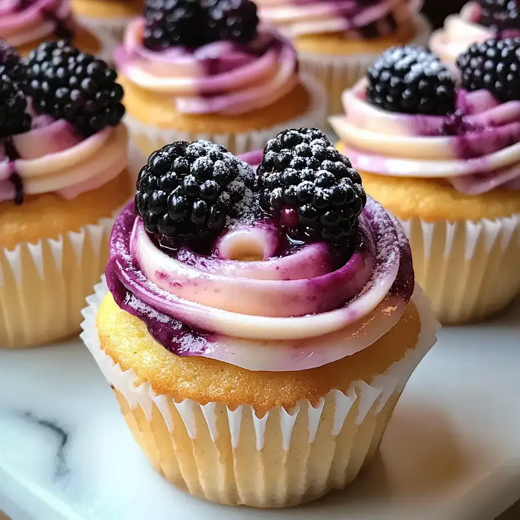 A close-up view of yellow cupcakes topped with swirls of pink and purple frosting, garnished with blackberries and a dusting of powdered sugar.