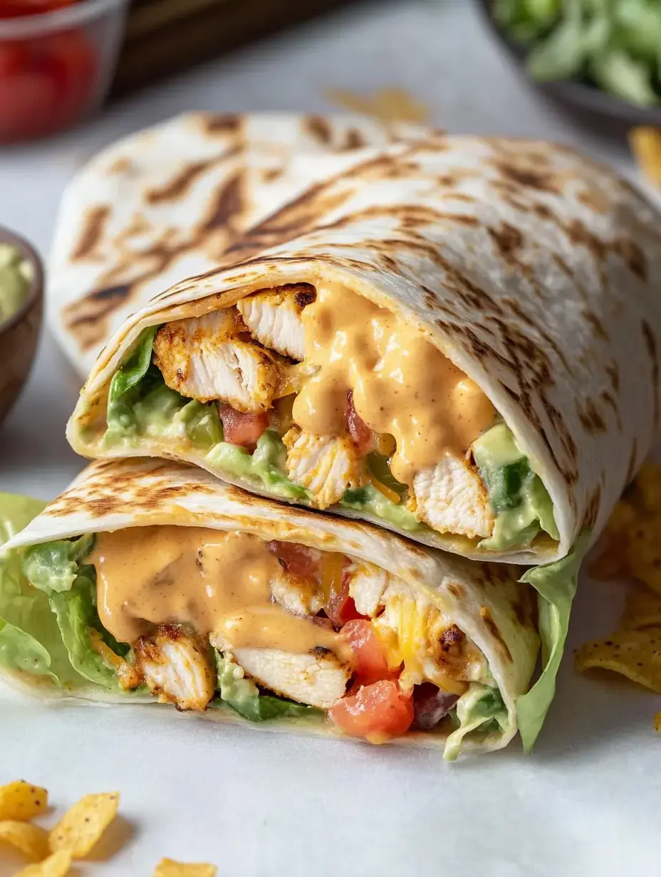 A close-up image of a grilled chicken wrap filled with lettuce, tomatoes, and a creamy sauce, served with tortilla chips.